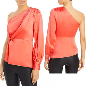 Cinq A Sept Stace One-Shoulder Top Coral Satin Size Medium 8/10 New With Tags